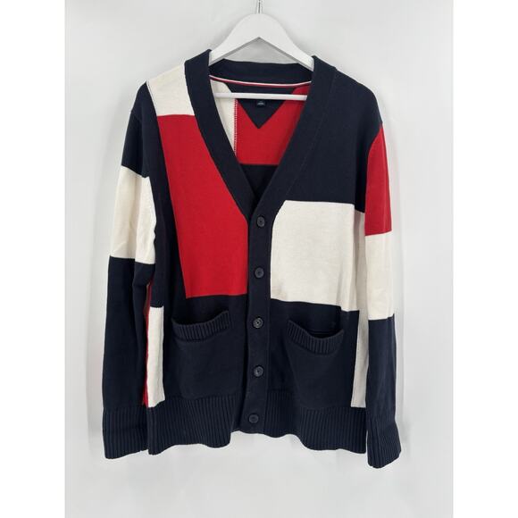Tommy Hilfiger Cardigan Sweater Mens Large Red White Blue 100% Cotton Pockets - Picture 1 of 16